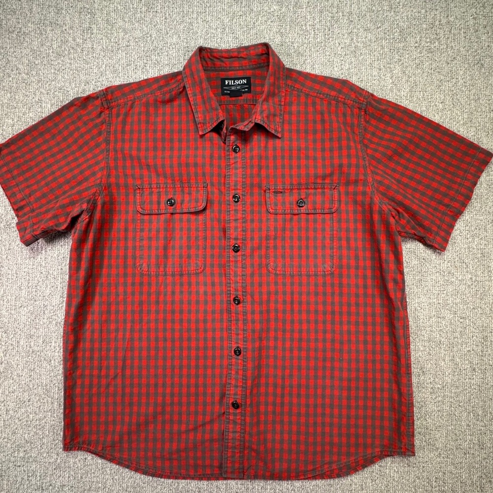 Filson Men's XL Short Sleeve Plaid Shirt Red Grey 100% Cotton Button Down